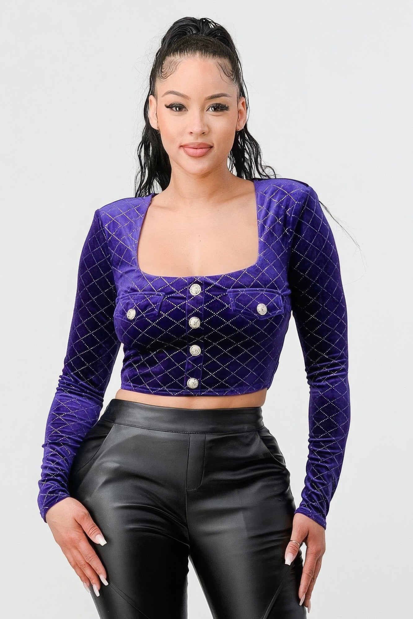 Lux Diamon Velvet Buttons Open Back Square Neck Long Sleeves Cropped Top-Product Type | Naughty Smile Fashion