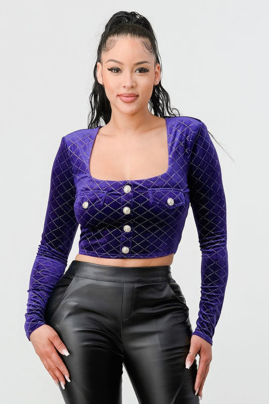 Sale - Lux Diamon Velvet Buttons Open Back Square Neck Long Sleeves Cropped Top – On Sale Now