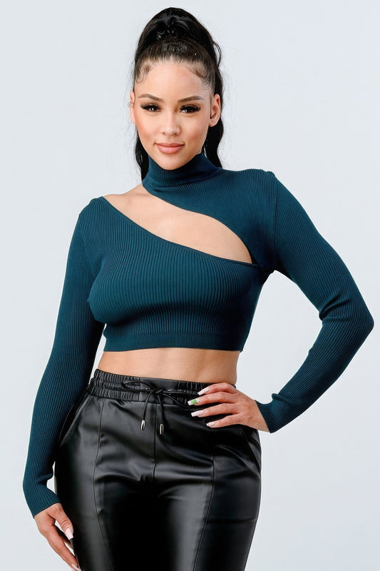 Sale - Lux Sweater Rib Cutout Mock Neck Crop Top – On Sale Now