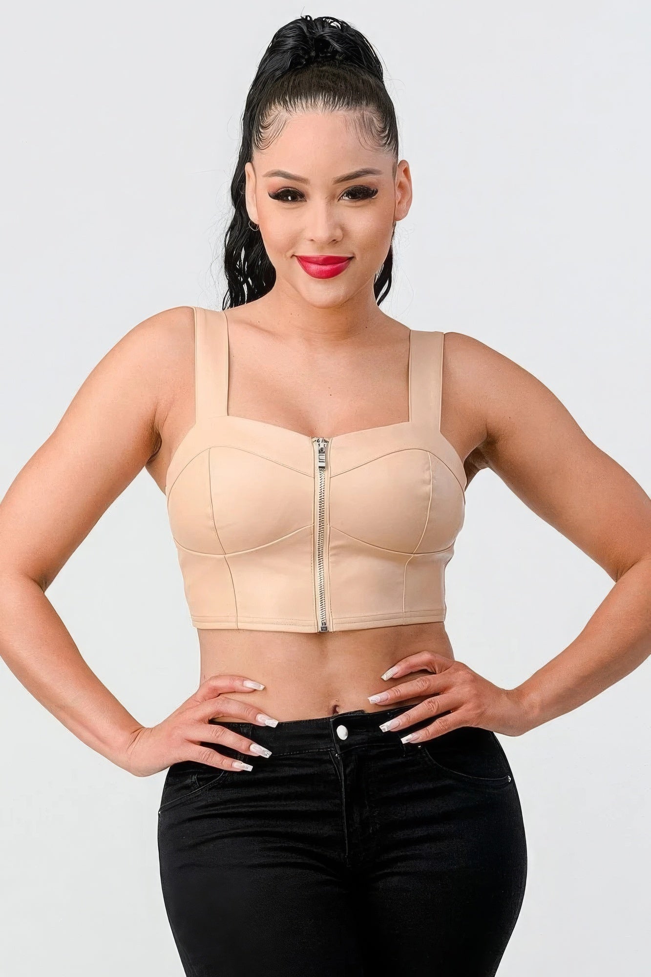 Lux Faux Leather Pu Zipup Strap Sleeveless Cropped Top-Product Type | Naughty Smile Fashion