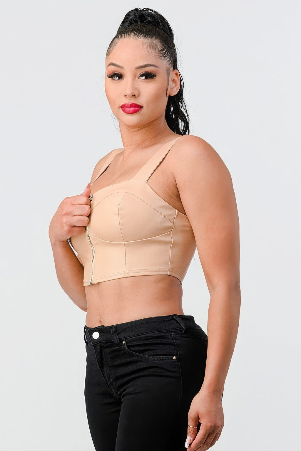 Lux Faux Leather Pu Zipup Strap Sleeveless Cropped Top-Product Type | Naughty Smile Fashion