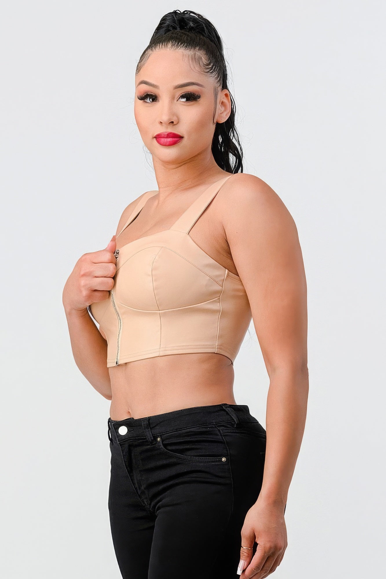 Lux Faux Leather Pu Zipup Strap Sleeveless Cropped Top-Product Type | Naughty Smile Fashion