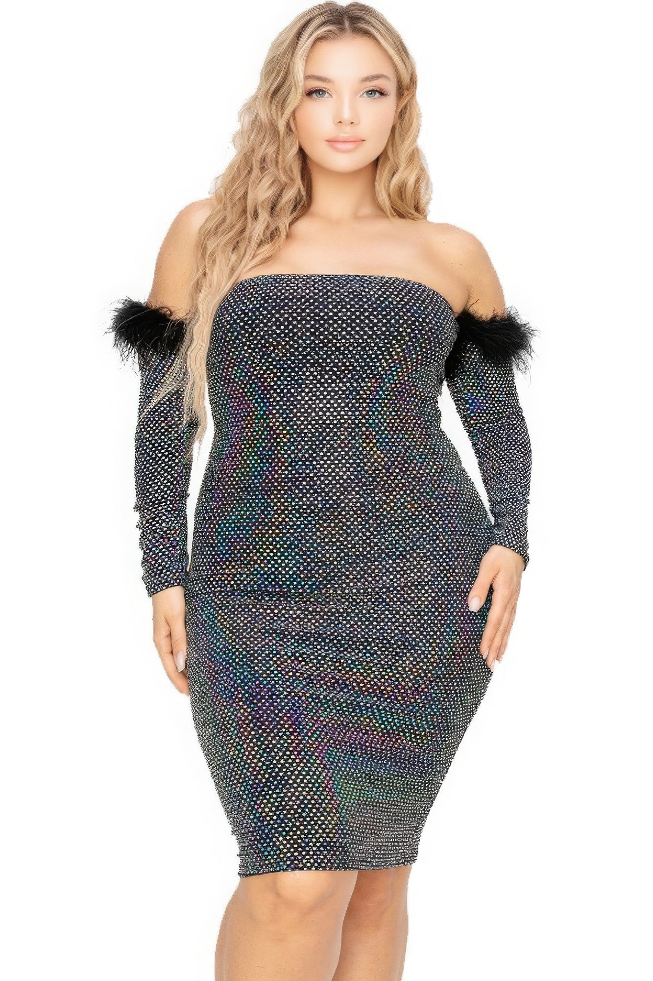 Plus Size Plus Off Shoulder Feather Trim Detail Sequin Dress – Stylish & Comfortable – men’s fashion, stylish and versatile