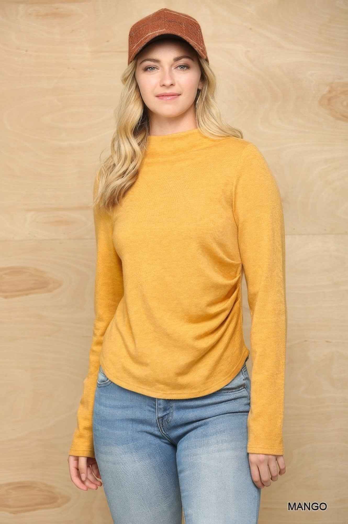 Sale - Solid And Cozy Soft Knit Mock Neck Top With Side Ruched Detail – On Sale Now