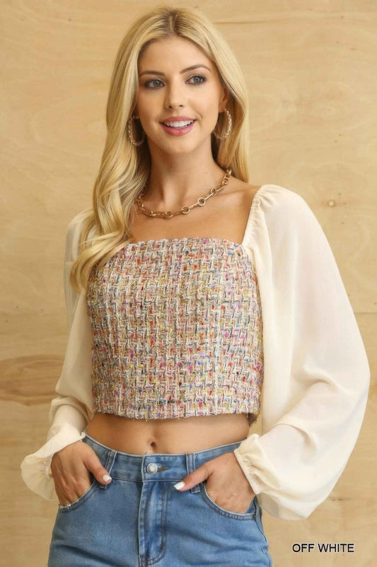 Sale - Tweed Bodice And Chiffon Square Top With Back Zipper – On Sale Now