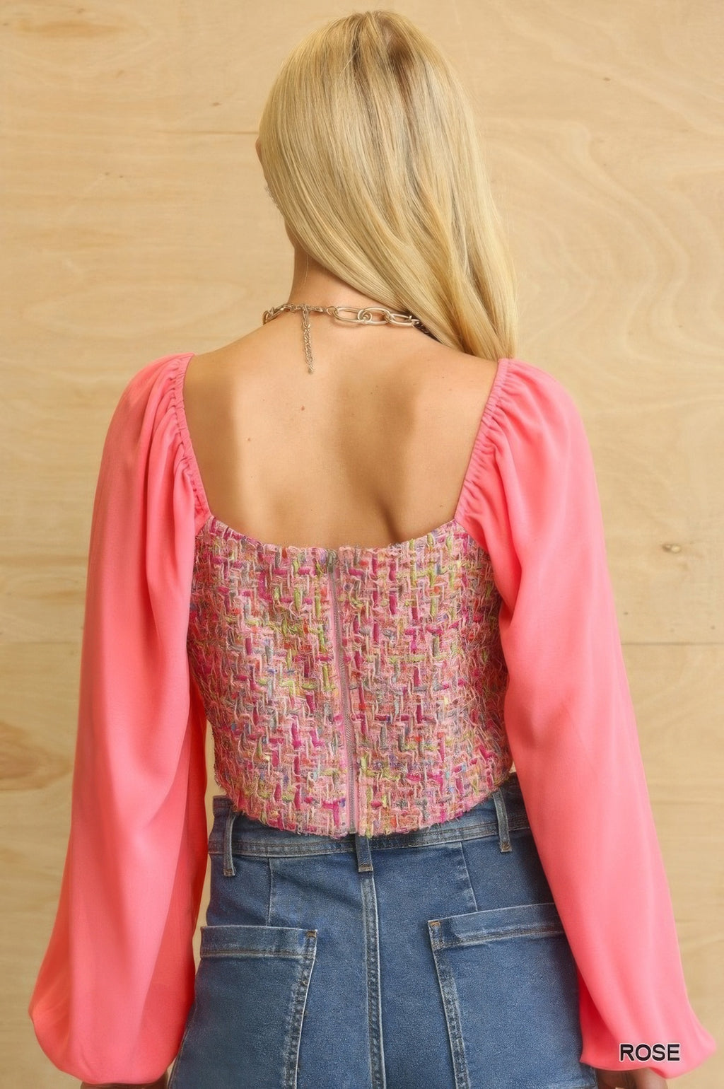 Tweed Bodice And Chiffon Square Top With Back Zipper-Product Type | Naughty Smile Fashion