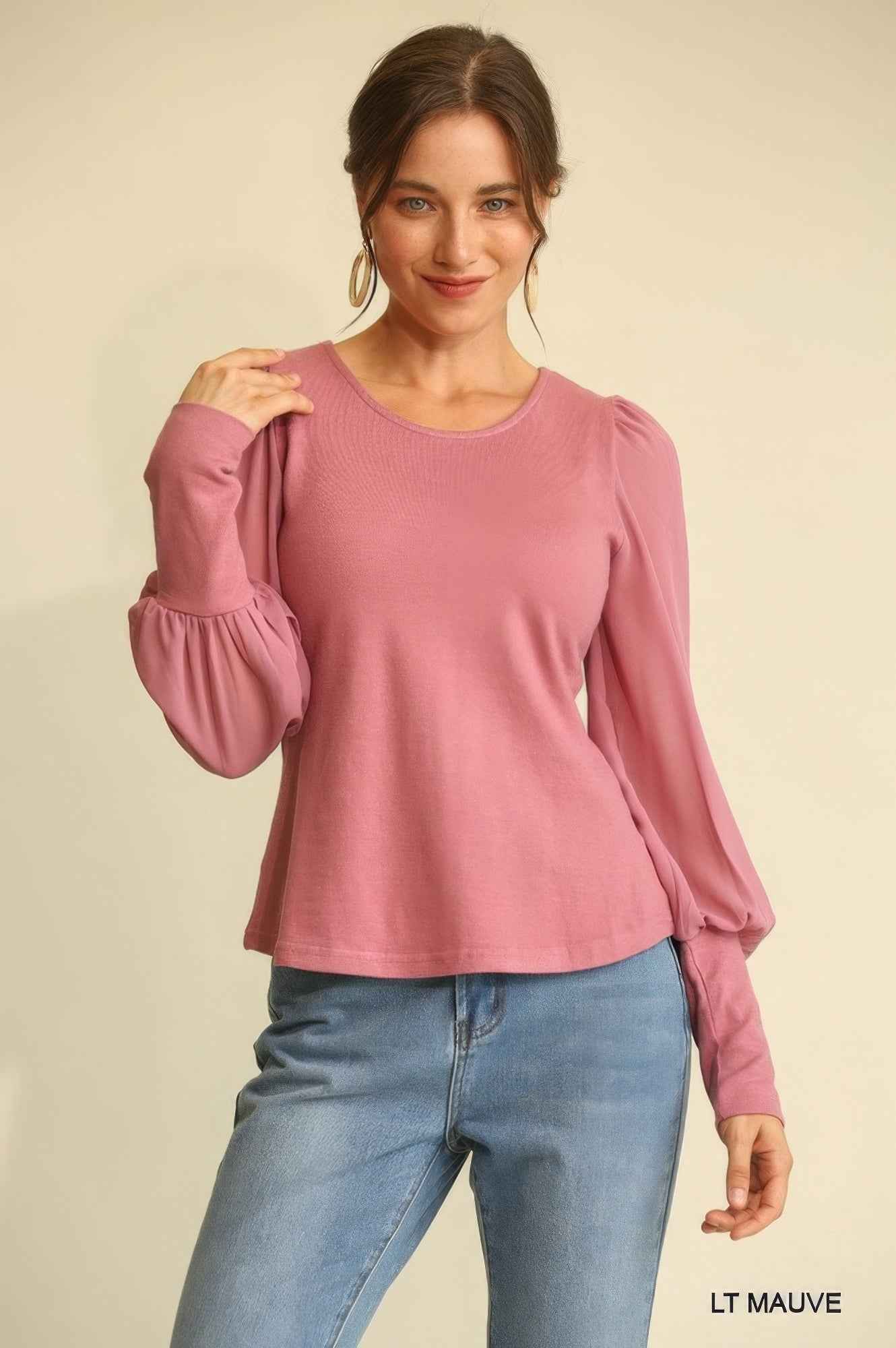 Sale - Solid Knit And Chiffon Mixed Top With Puff Long Sleeve – On Sale Now