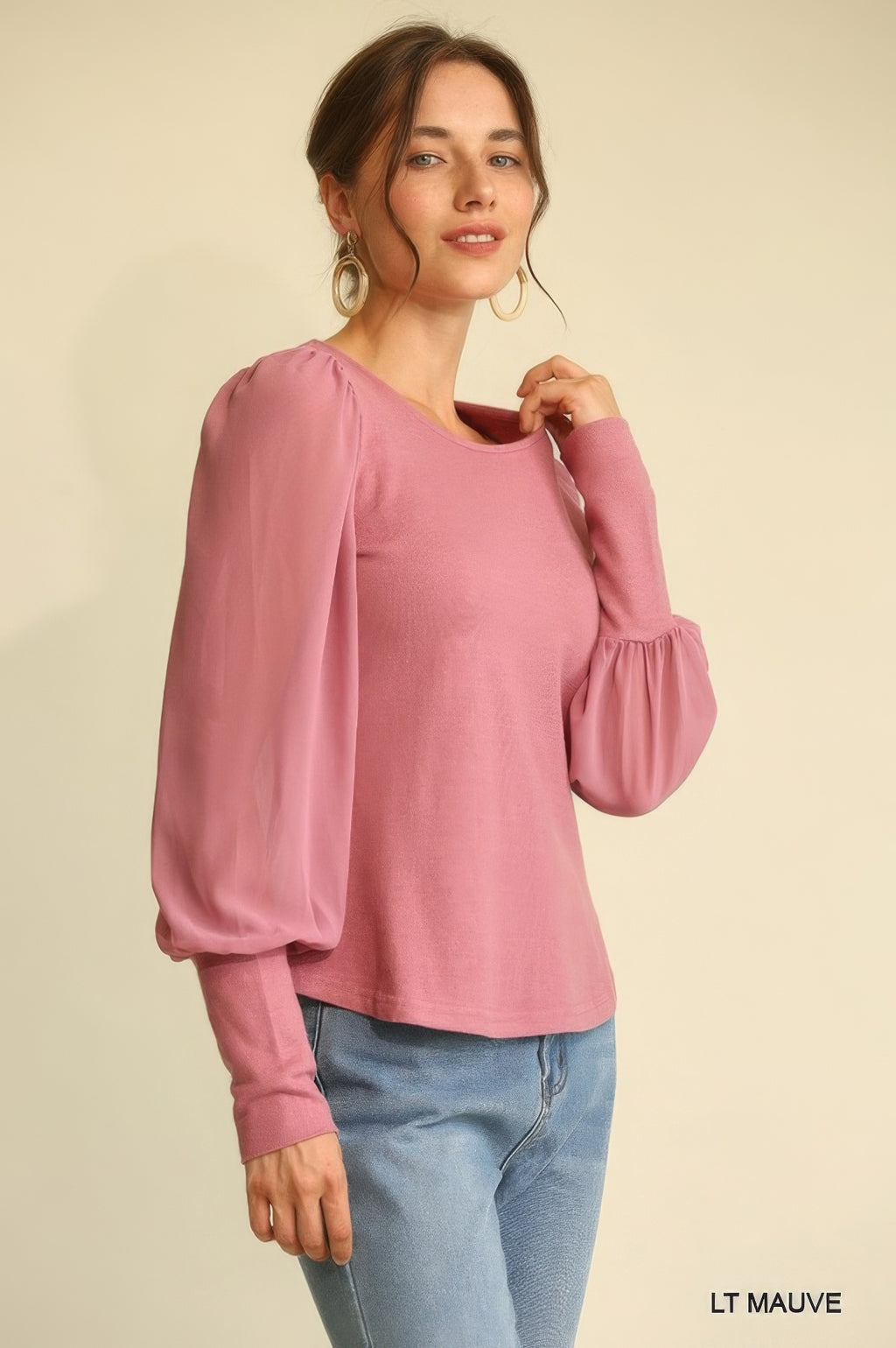 Solid Knit And Chiffon Mixed Top With Puff Long Sleeve-Product Type | Naughty Smile Fashion