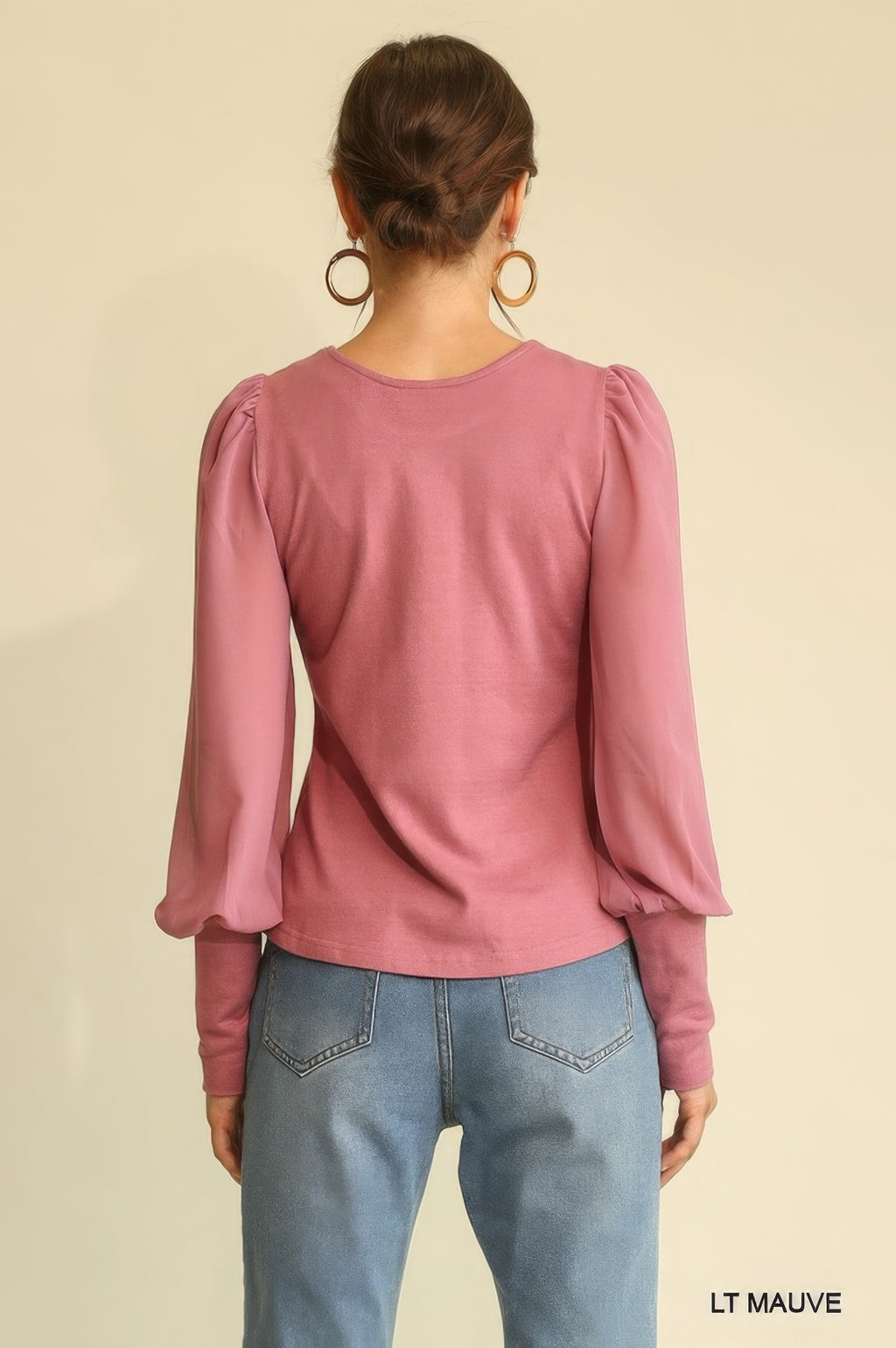 Solid Knit And Chiffon Mixed Top With Puff Long Sleeve-Product Type | Naughty Smile Fashion