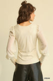 Solid Knit And Chiffon Mixed Top With Puff Long Sleeve