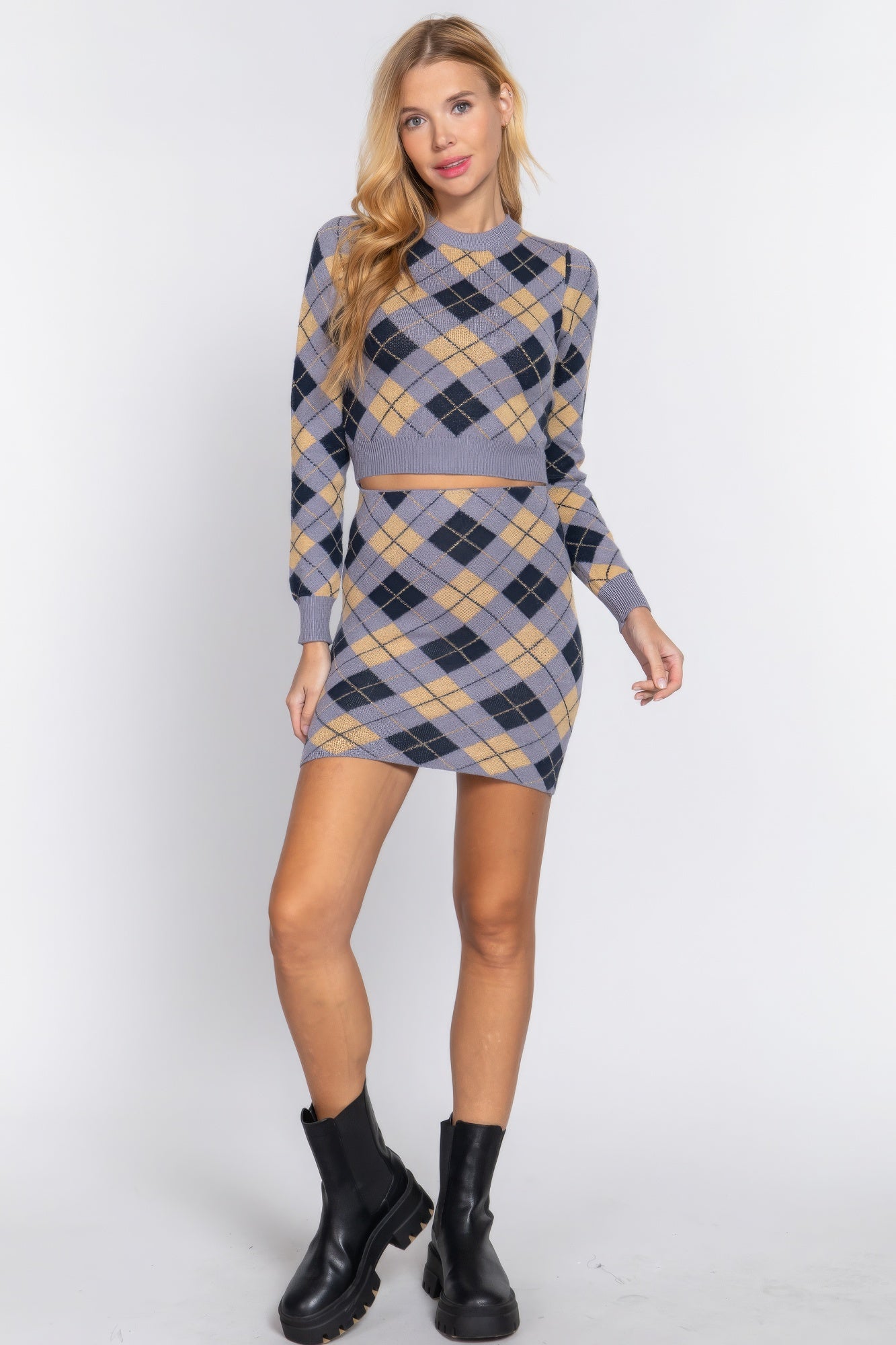 Argyle Jacquard Sweater Mini Skirt-Product Type | Naughty Smile Fashion
