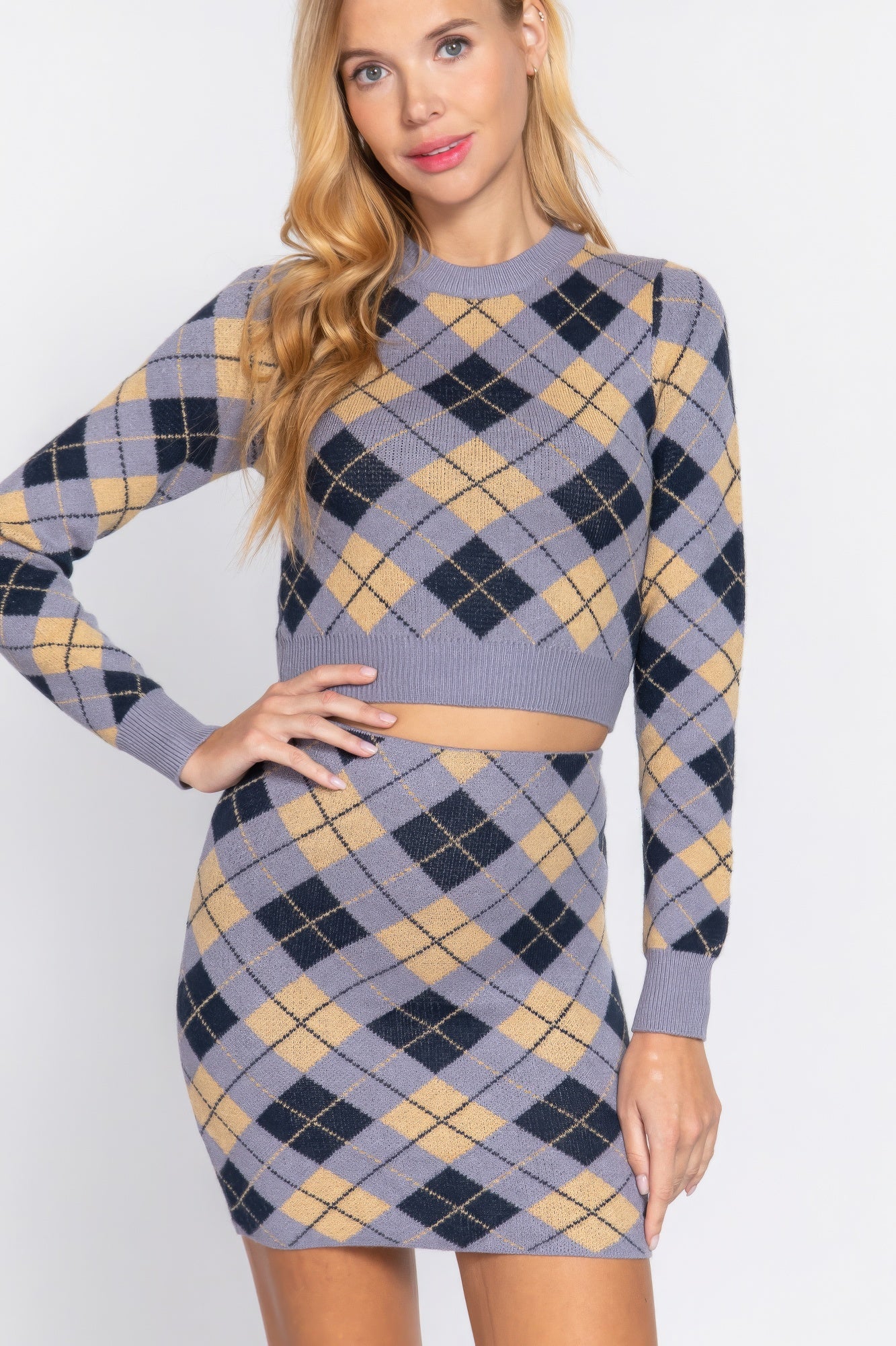 Argyle Jacquard Sweater Mini Skirt-Product Type | Naughty Smile Fashion