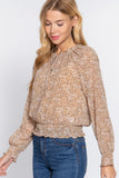 Long Slv Smocked Print Woven Top