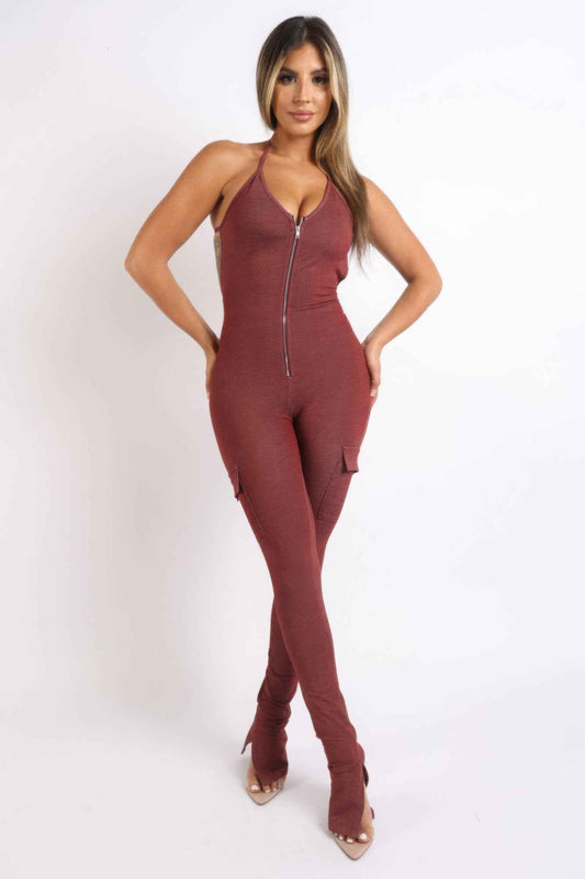 Cargo pocket halter jumpsuit – multicolor, fashion, women style