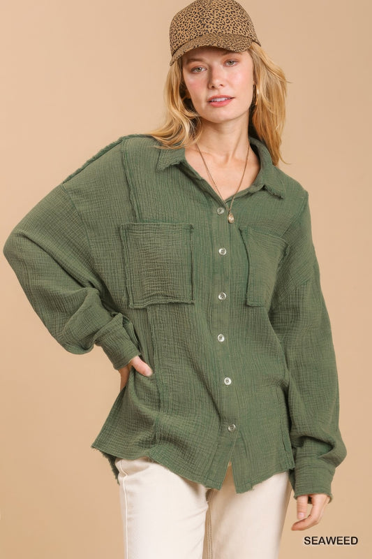 Sale - Mineral wash button down top with high low hem – On Sale Now