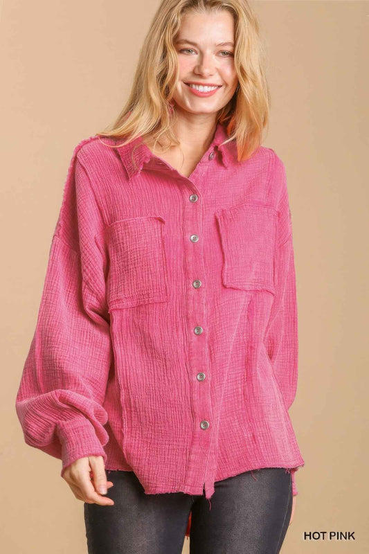 Sale - Mineral wash button down top with high low hem – On Sale Now