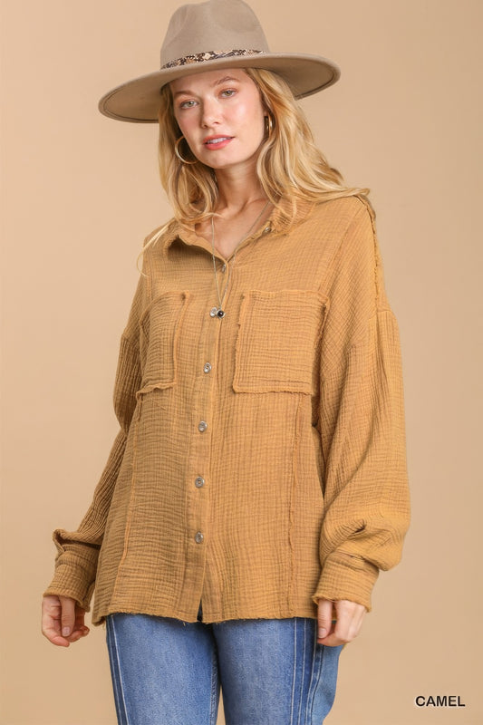 Sale - Mineral wash button down top with high low hem – On Sale Now