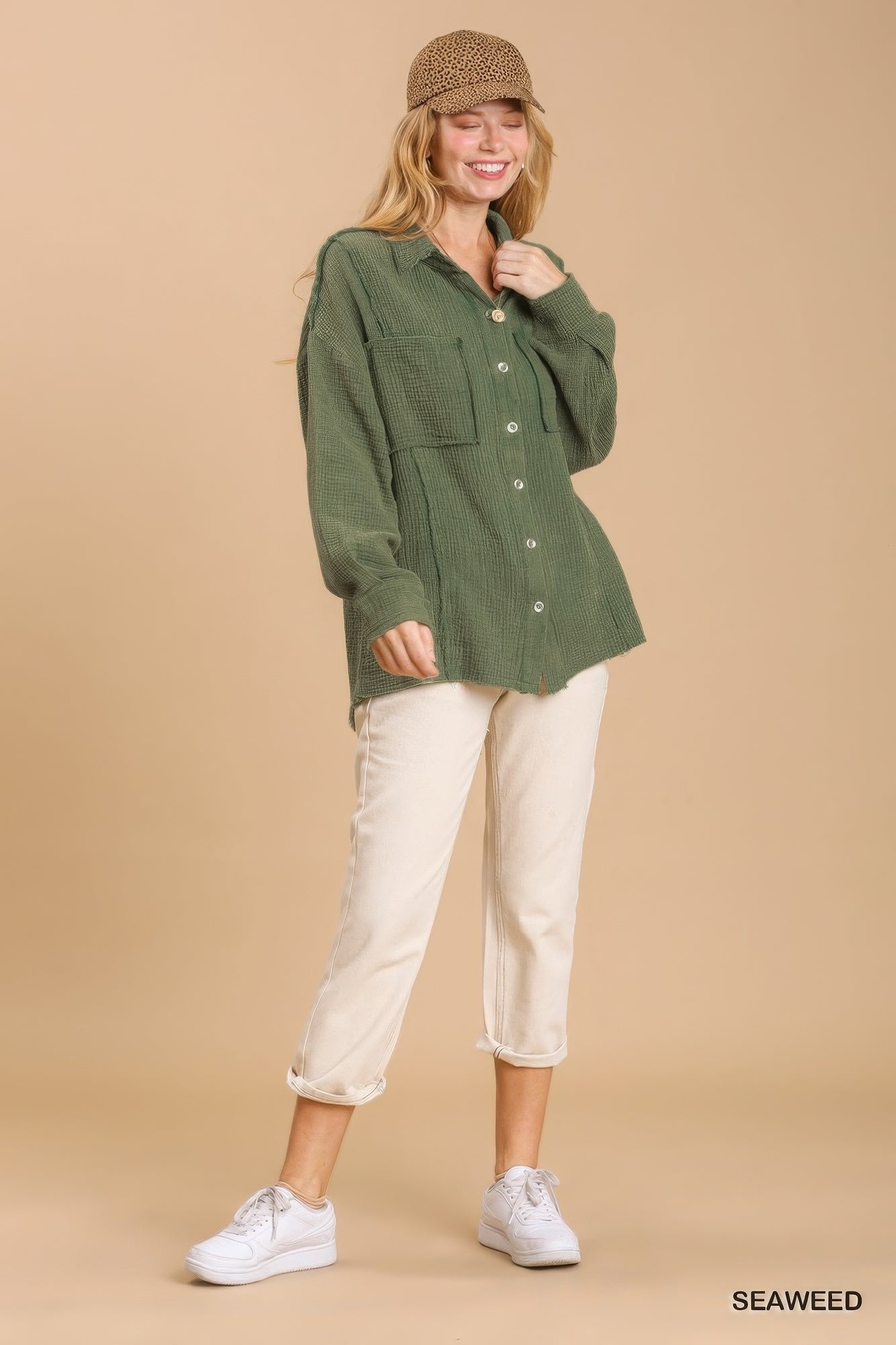 Mineral wash button down top with high low hem-Product Type | Naughty Smile Fashion
