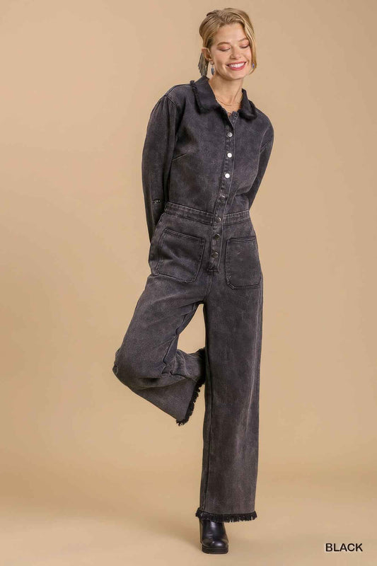 Mid button down stone wash wide leg distressed jumpsuit & side pockets with no lining – black, fashion, women style