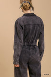 Mid button down stone wash wide leg distressed jumpsuit & side pockets with no