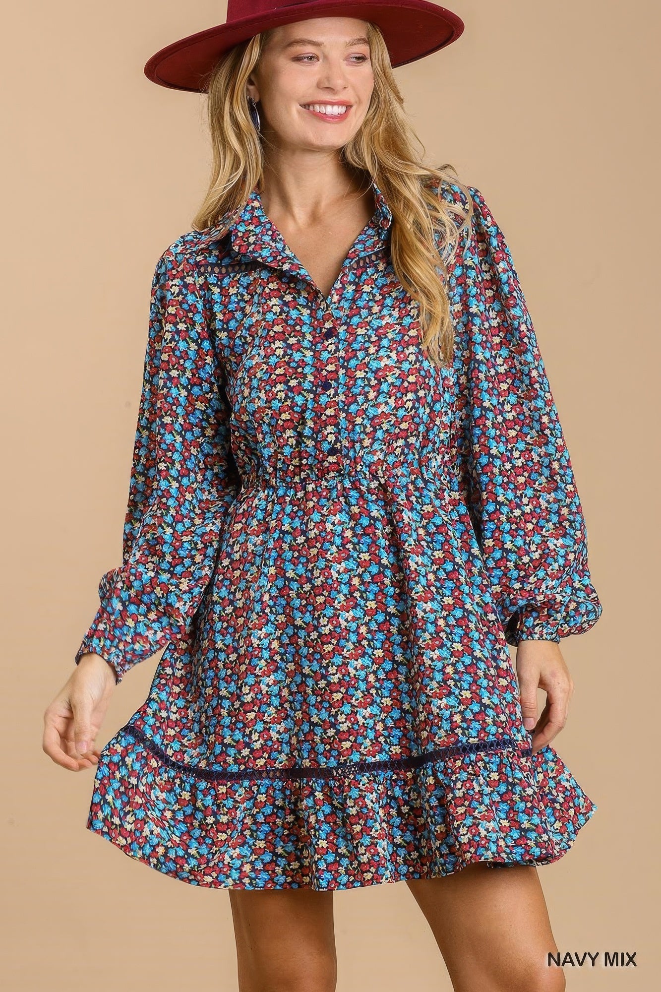 Collared neckline button down floral print dress with crochet trimmed details-Product Type | Naughty Smile Fashion