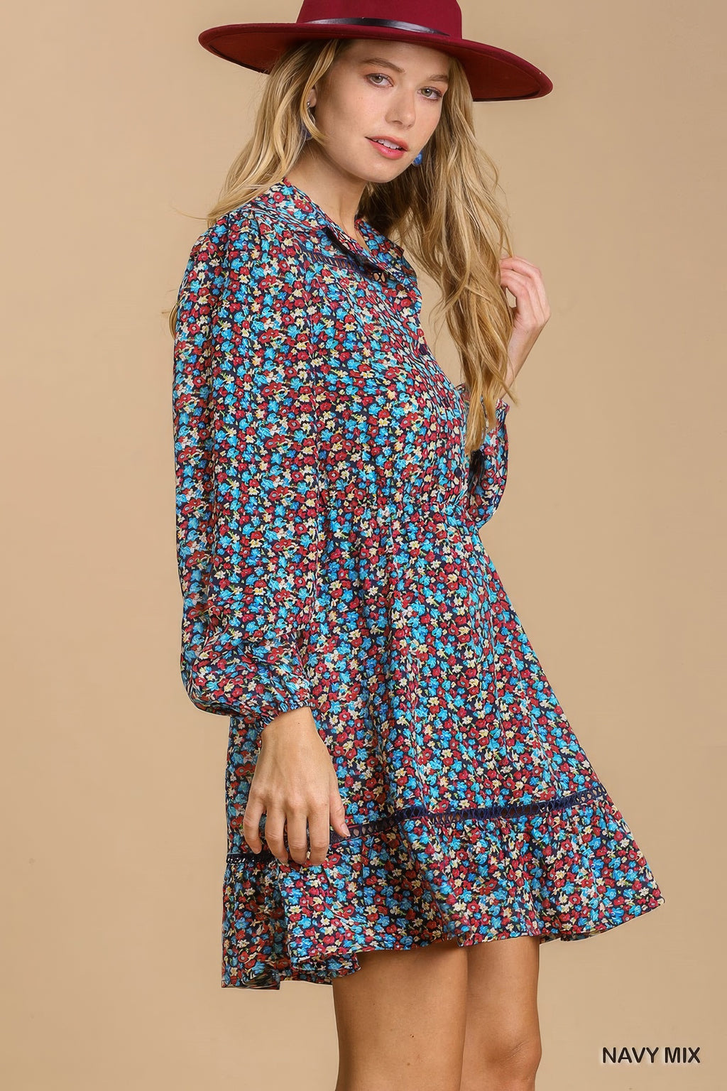 Collared neckline button down floral print dress with crochet trimmed details-Product Type | Naughty Smile Fashion