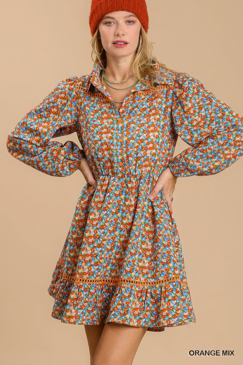 Collared neckline button down floral print dress with crochet trimmed details-Product Type | Naughty Smile Fashion