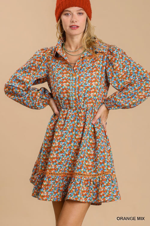 Collared neckline button down floral print dress with crochet trimmed details-Product Type | Naughty Smile Fashion