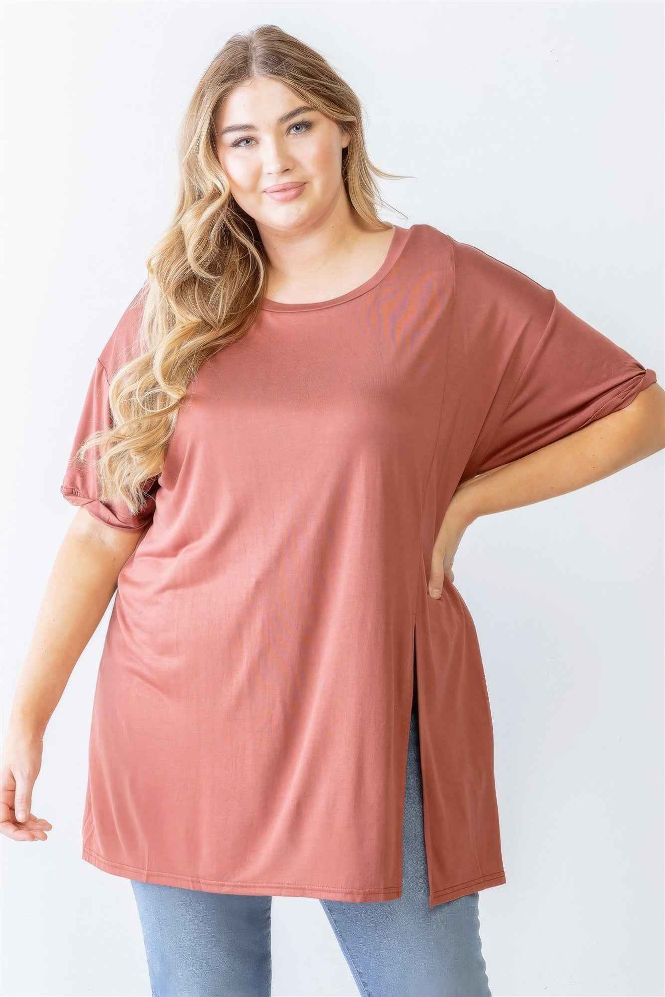 Plus Size Plus Brick Round Neck Short Sleeve Relax Top – Stylish & Comfortable – men’s fashion, stylish and versatile