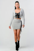 2 Piece Set With Cropped Long Sleeve Shirt With Pu Leather Detail Matching Mini Skirt-Product Type | Naughty Smile Fashion