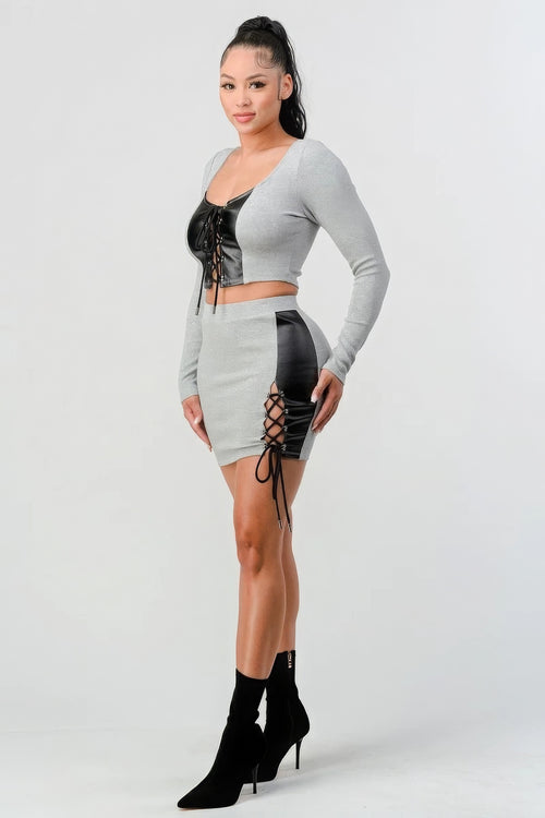 2 Piece Set With Cropped Long Sleeve Shirt With Pu Leather Detail Matching Mini Skirt-Product Type | Naughty Smile Fashion