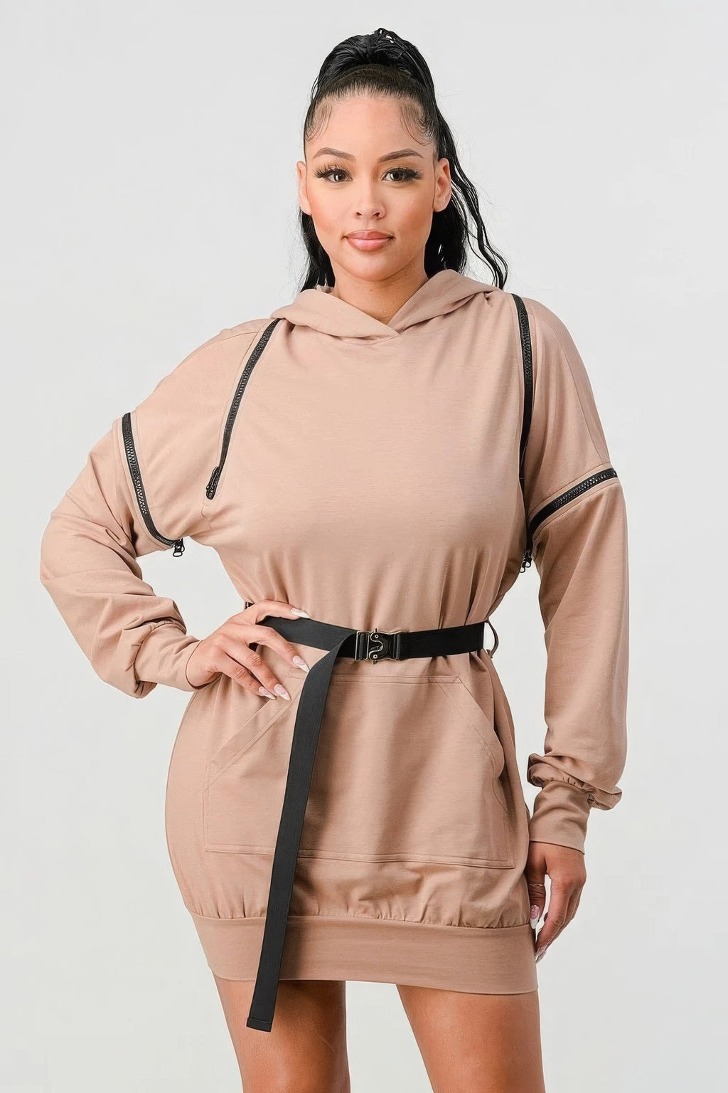 Double Zipper Long Sleeve Hooded Mini Dress-Product Type | Naughty Smile Fashion