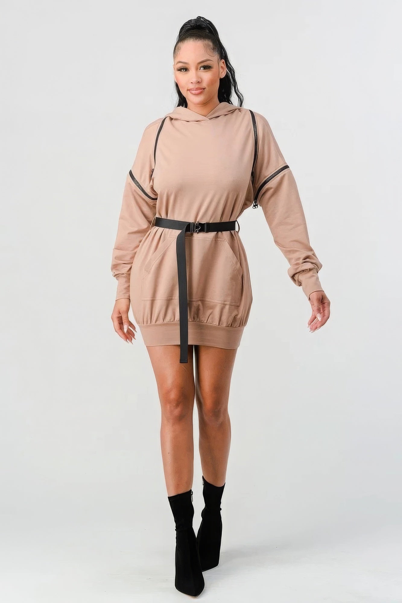 Double Zipper Long Sleeve Hooded Mini Dress-Product Type | Naughty Smile Fashion