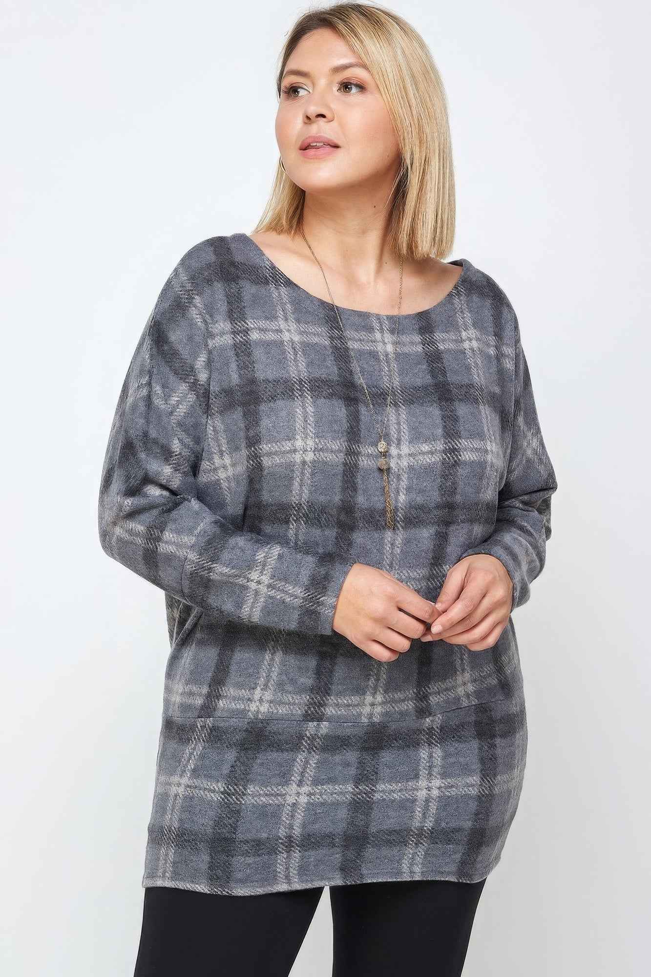 Plus Size Boat Neck, Plaid Print Tunic Top, With Long Dolman Sleeves – Stylish & Comfortable – men’s fashion, stylish and versatile