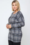 Boat Neck, Plaid Print Tunic Top, With Long Dolman Sleeves