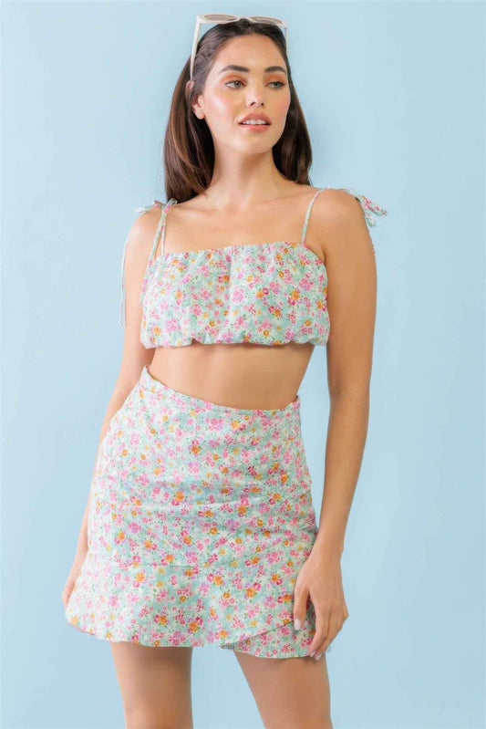 Sale - Mint Fuchsia Print Cotton Sleeveless Strappy Crop Top & High Waist Wrap Hem Mini Skirt Set – On Sale Now
