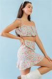 Mint Fuchsia Print Cotton Sleeveless Strappy Crop Top & High Waist Wrap Hem Mini