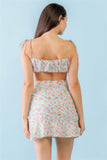 Mint Fuchsia Print Cotton Sleeveless Strappy Crop Top & High Waist Wrap Hem Mini