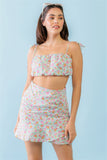 Mint Fuchsia Print Cotton Sleeveless Strappy Crop Top & High Waist Wrap Hem Mini