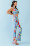 Multicolor Abstract Print Halter V-neck Ruched Open Back Crop Top & High Waist