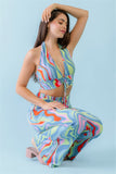 Multicolor Abstract Print Halter V-neck Ruched Open Back Crop Top & High Waist