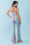 Multicolor Abstract Print Halter V-neck Ruched Open Back Crop Top & High Waist