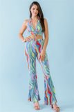 Multicolor Abstract Print Halter V-neck Ruched Open Back Crop Top & High Waist