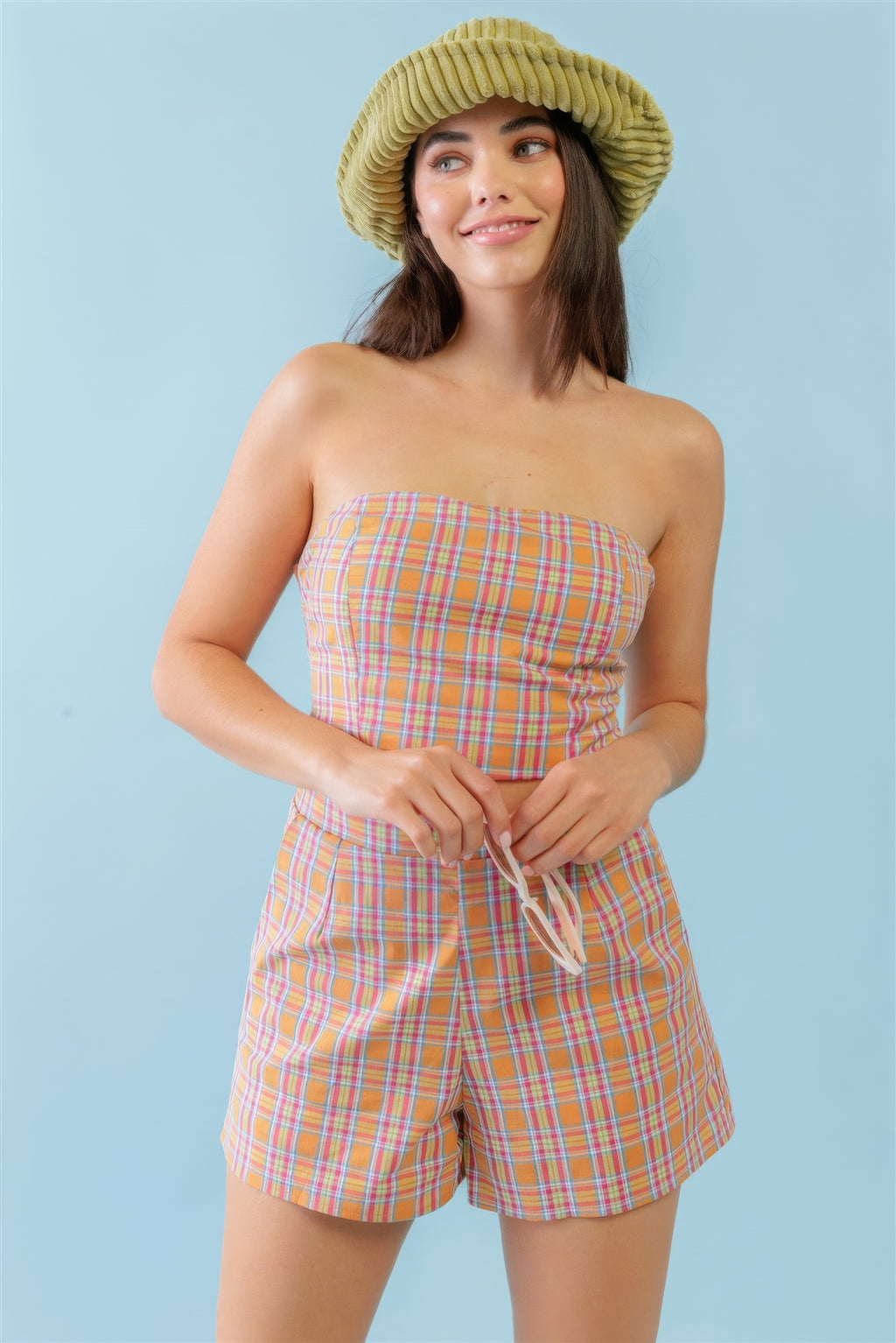 Orange & Aqua Plaid Print Cotton Strapless Crop Top & High Waist Two Pocket Shorts Set-Product Type | Naughty Smile Fashion