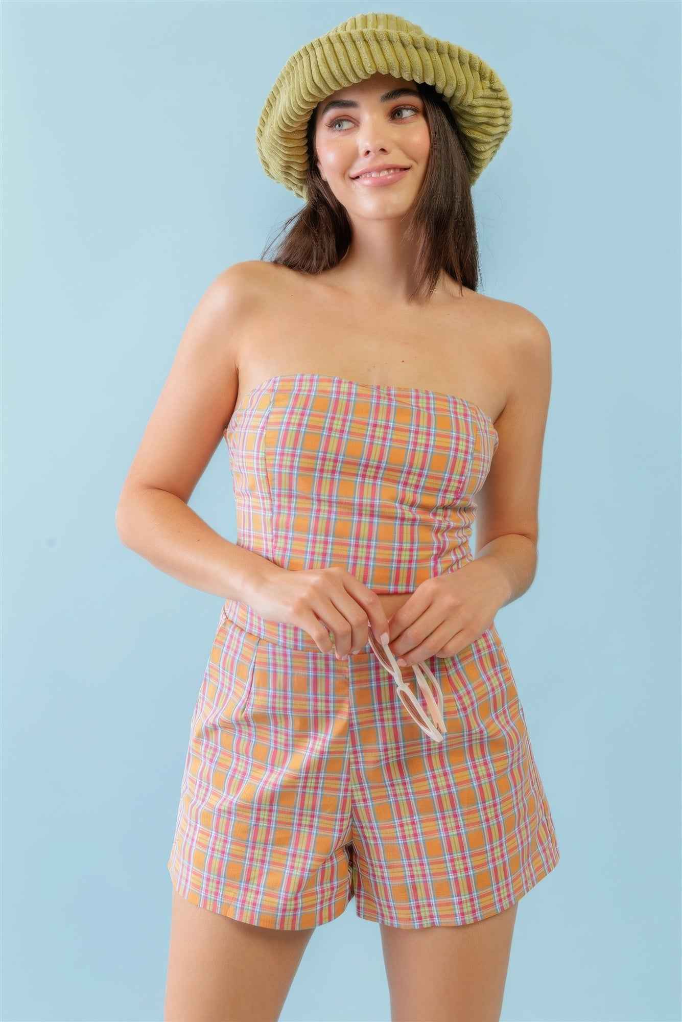 Sale - Orange & Aqua Plaid Print Cotton Strapless Crop Top & High Waist Two Pocket Shorts Set – On Sale Now