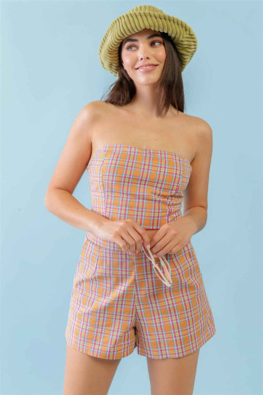 Sale - Orange & Aqua Plaid Print Cotton Strapless Crop Top & High Waist Two Pocket Shorts Set – On Sale Now