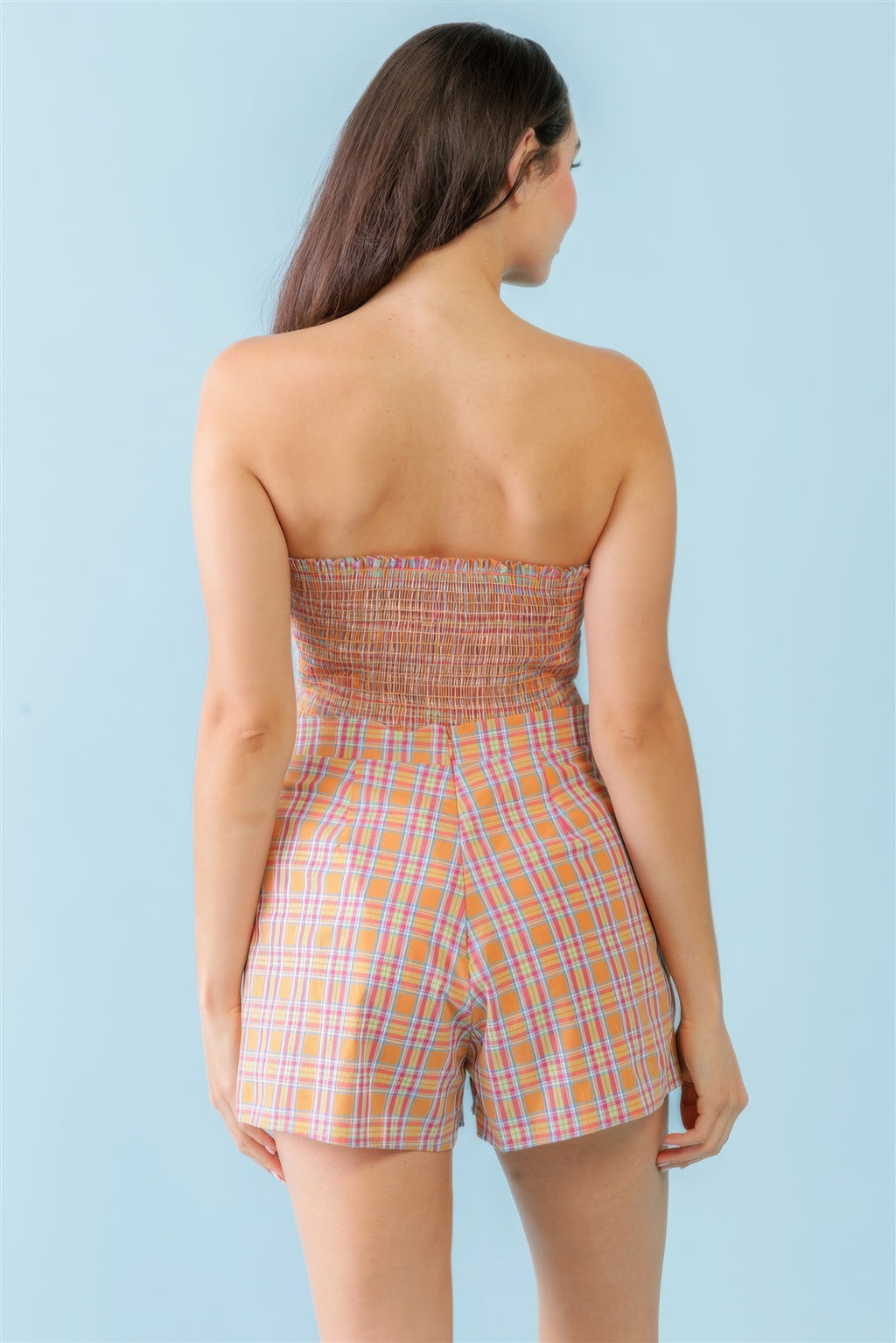 Orange & Aqua Plaid Print Cotton Strapless Crop Top & High Waist Two Pocket Shorts Set-Product Type | Naughty Smile Fashion