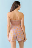 Orange & Aqua Plaid Print Cotton Strapless Crop Top & High Waist Two Pocket