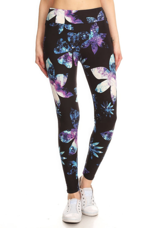 Yoga Style Banded Lined Galaxy Silhouette Floral Print, Full Length Leggings In