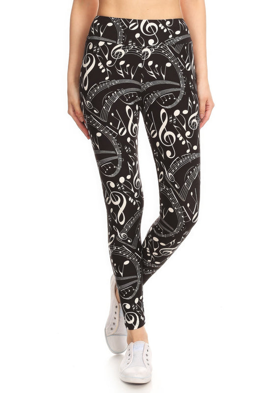 Yoga Style Banded Lined Music Note Print, Full Length Leggings In A Slim Fitting